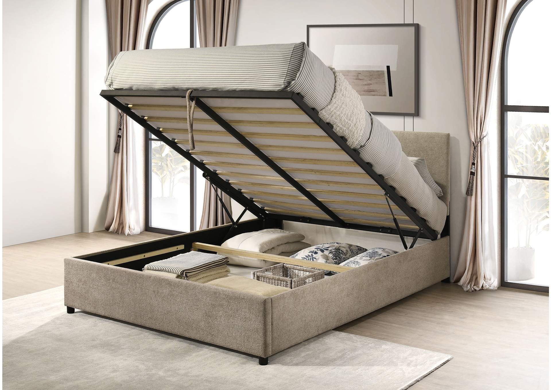 Reeves bed lifted open to show storage beneath the mattress
