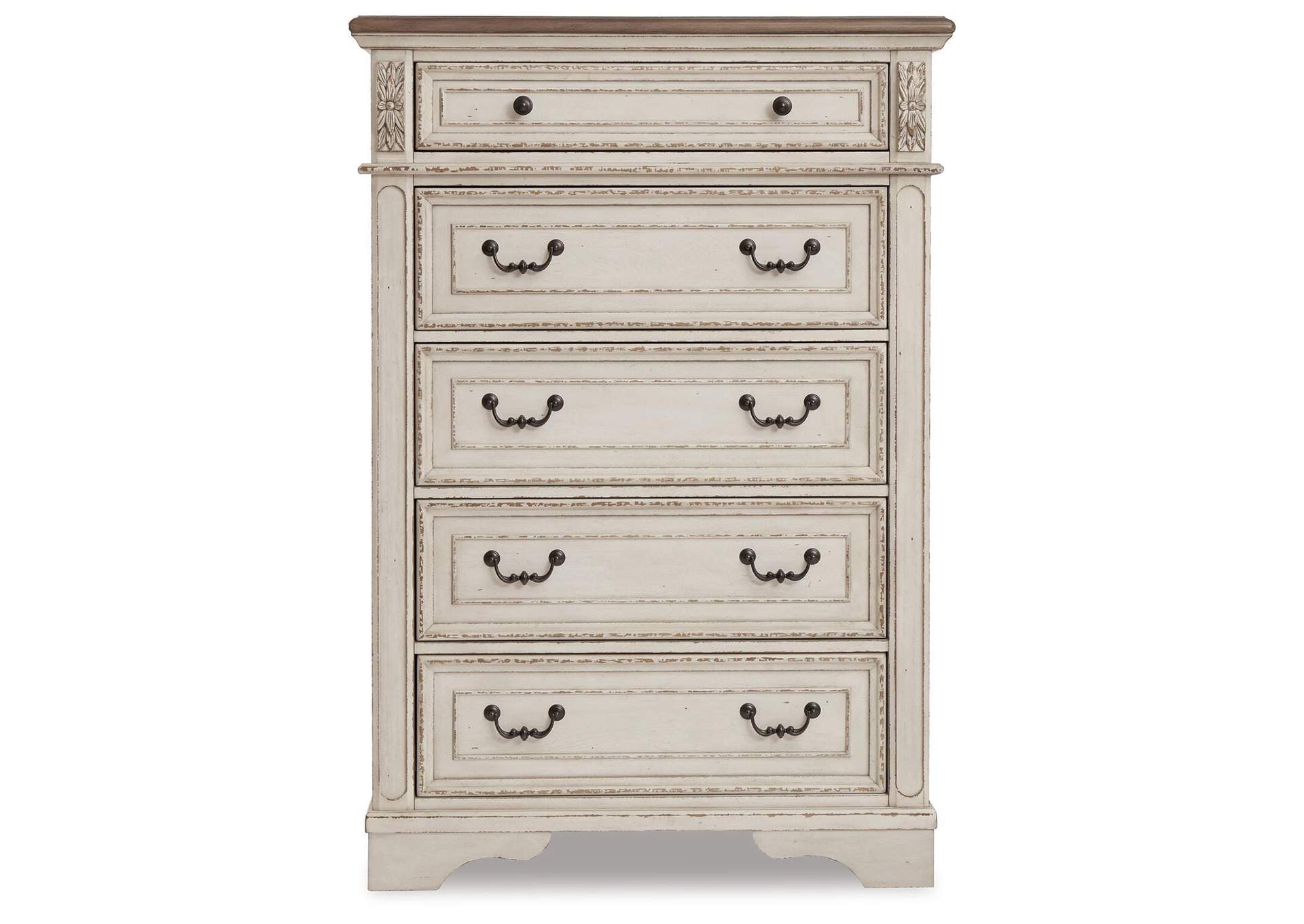 Realyn Five-drawer chest in Chipped white